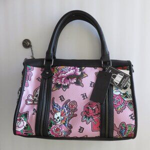 Ed Hardy Pink Tattoo Print Satchel/handle/crossover Bag Skull Charm